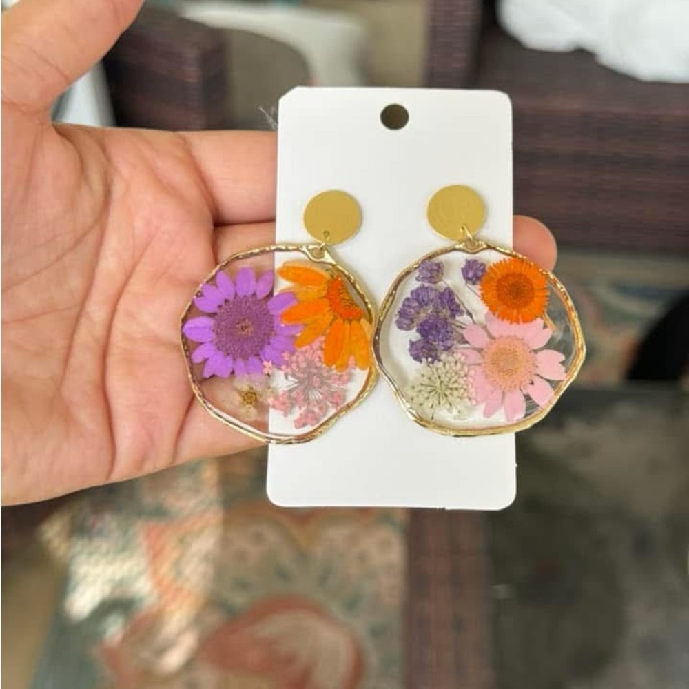 Floral Resin Earrings with Gold Accents